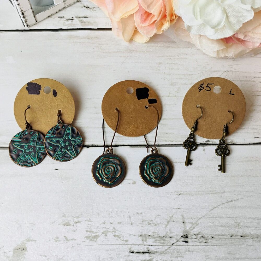 3 Pair NEW Antiqued Brass Tone Patina Earrings Starfish, Roses, Keys Funky Boho